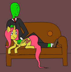 Size: 2311x2350 | Tagged: safe, artist:the claud, derpibooru original, edit, character:fluttershy, oc, oc:anon, species:human, anatomically incorrect, color edit, colored, couch, cute, human on pony snuggling, petting, snuggling