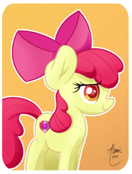 Size: 1140x1500 | Tagged: safe, artist:atomic8497, character:apple bloom, apple bloom's bow, bow, cutie mark, female, hair bow, orange background, simple background, solo, the cmc's cutie marks