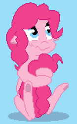 Size: 500x800 | Tagged: safe, artist:php47, character:pinkie pie, blue background, female, floppy ears, hug, pixel art, simple background, solo, tail hug, underhoof, wavy mouth