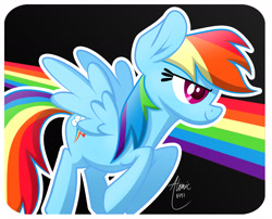 Size: 1527x1235 | Tagged: safe, artist:atomic8497, character:rainbow dash, black background, colored pupils, female, flying, rainbow, signature, solo