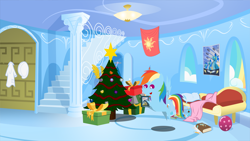 Size: 6666x3747 | Tagged: safe, artist:steampunk-brony, character:daring do, character:rainbow dash, absurd resolution, ball, book, christmas tree, female, pointy ponies, present, rainbow dash's house, solo, tree, wonderbolts poster