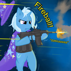 Size: 1772x1772 | Tagged: safe, artist:mr.candy_owo, character:trixie, species:pony, bipedal, clothing, dialogue, female, gun, hat, magic, ponies with guns, simple background, solo, trixie's cape, trixie's hat, weapon