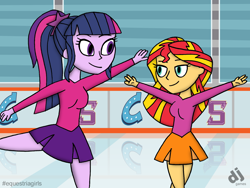 Size: 1600x1200 | Tagged: safe, artist:djgames, character:sunset shimmer, character:twilight sparkle, character:twilight sparkle (scitwi), species:eqg human, my little pony:equestria girls, clothing, cute, figure skating, ice skating, missing accessory, pleated skirt, ponytail, request, skirt
