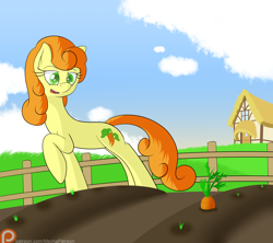 Size: 1800x1600 | Tagged: safe, artist:mechanized515, character:carrot top, character:golden harvest, background pony, carrot, farm, female, food, patreon, patreon logo, redraw, solo