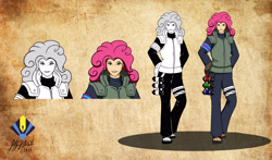 Size: 5076x2975 | Tagged: safe, artist:penspark, character:pinkie pie, species:human, absurd resolution, anime, clothing, colored, crossover, female, humanized, monochrome, naruto, pants, sandals, signature, solo