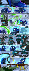 Size: 2460x6000 | Tagged: safe, artist:dangercloseart, character:fleetfoot, character:princess luna, character:queen chrysalis, character:spitfire, oc, oc:dive siren, species:alicorn, species:bat pony, species:pony, comic:wings of fire, absurd resolution, barrier, bat pony oc, comic, evil laugh, female, fight, flying, fusion, gritted teeth, magic, mare, nightmare, nightmare chrysalis, nightmarified, slit eyes