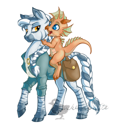 Size: 1820x1936 | Tagged: safe, artist:chickenwhite, oc, oc only, oc:fizzle, oc:junaid zahir duad, species:dragon, species:zebra, bag, braid, braided tail, clothing, copper dragon, dungeons and dragons, duo, lidded eyes, looking at each other, looking back, metallic dragon, open mouth, pen and paper rpg, ponyfinder, raised hoof, riding, rpg, simple background, smiling, tabletop gaming, transparent background