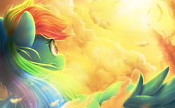 Size: 1990x1230 | Tagged: safe, artist:moondreamer16, character:rainbow dash, cloud, crepuscular rays, female, flying, lens flare, looking up, scenery, signature, sky, smiling, solo, sun
