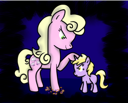 Size: 768x616 | Tagged: safe, artist:purpleloverpony, character:dinky hooves, character:millie, fanfic:aunt millie, aunt and niece, author:fluttercheer, blueberry muffin (food), fanfic, fanfic art, food, muffin