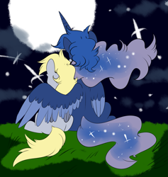 Size: 1097x1158 | Tagged: safe, artist:soft-arthropod, character:derpy hooves, character:princess luna, species:pegasus, species:pony, ship:lunaderp, colored wings, colored wingtips, cute, derpyluna daily, female, from behind, full moon, grass, hug, lesbian, mare, moon, night, shipping, stars, winghug