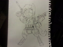 Size: 3264x2448 | Tagged: safe, artist:unreliable narrator, oc, oc only, oc:noir avery gumshoe, species:pony, fallout equestria, armor, bipedal, dual wield, glock 17, gun, riot gear, simple background, skorpion, smiling, solo, submachinegun, traditional art, weapon, white background