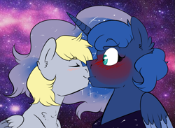 Size: 981x718 | Tagged: safe, artist:soft-arthropod, character:derpy hooves, character:princess luna, species:pegasus, species:pony, ship:lunaderp, blushing, derpyluna daily, female, kissing, lesbian, mare, shipping, space