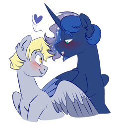 Size: 955x1013 | Tagged: safe, artist:soft-arthropod, character:derpy hooves, character:princess luna, species:alicorn, species:pegasus, species:pony, ship:lunaderp, g4, artemabetes, blushing, colored eyebrows, colored wings, cute, derpabetes, derpyluna daily, dopemis, dopey hooves, eyebrows, gay, heart, looking at each other, male, multicolored wings, prince artemis, profile, rule 63, rule63betes, shipping, simple background, stallion, two toned wings, white background, wings