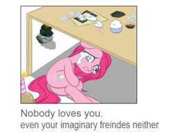 Size: 479x376 | Tagged: safe, artist:wookylee, edit, character:pinkamena diane pie, character:pinkie pie, alone, cropped, crying, engrish, food, how to make sushi, madame leflour, misspelling, parody, rocky, sad, sushi, woobie