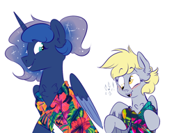 Size: 1200x919 | Tagged: safe, artist:soft-arthropod, character:derpy hooves, character:princess luna, species:pegasus, species:pony, ship:lunaderp, blushing, chest fluff, clothing, derpyluna daily, female, hawaiian shirt, lesbian, mare, shipping, shirt, simple background, smiling, white background