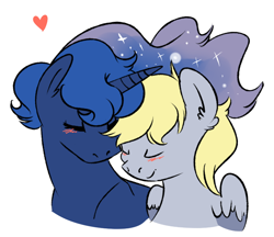 Size: 842x726 | Tagged: safe, artist:soft-arthropod, character:derpy hooves, character:princess luna, species:pegasus, species:pony, ship:lunaderp, blushing, derpyluna daily, eyes closed, female, heart, lesbian, mare, nuzzling, shipping, simple background