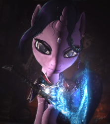 Size: 2796x3150 | Tagged: safe, artist:princeoracle, character:starlight glimmer, species:pony, species:unicorn, 3d, badass, female, looking at you, magic, mare, solo, war hammer, weapon