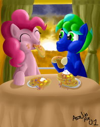 Size: 1536x1940 | Tagged: safe, artist:asajiopie01, character:pinkie pie, oc, breakfast, eating, eyes closed, food, morning ponies, pancakes, plate, signature, table, whipped cream