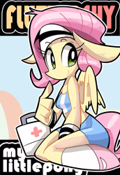 Size: 2031x2952 | Tagged: safe, artist:asprin white rabbit, character:fluttershy, species:anthro, species:pegasus, species:pony, abstract background, anatomically incorrect, armband, big ears, clothing, cute, female, first aid kit, floppy ears, headband, incorrect leg anatomy, kneeling, looking at you, midriff, pixiv, shoes, short hair, shorts, shyabetes, smiling, socks, solo, tank top