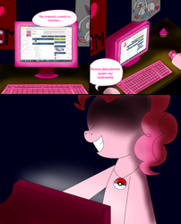 Size: 768x950 | Tagged: safe, artist:asajiopie01, character:pinkie pie, species:pony, comic, computer, crossover, grin, pokémon, smiling, spanish, translated in the comments