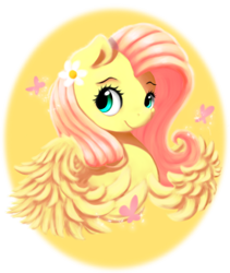Size: 760x900 | Tagged: safe, artist:moondreamer16, character:fluttershy, species:pegasus, species:pony, bust, cute, female, flower, flower in hair, looking at you, looking sideways, portrait, shyabetes, simple background, smiling, solo, transparent background