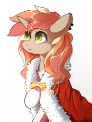 Size: 515x684 | Tagged: safe, artist:sevedie, oc, oc only, oc:ciri, species:pony, species:unicorn, :3, bacon, clothing, coat, colored pupils, ear piercing, female, food, meat, piercing, simple background, solo, white background