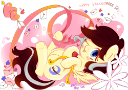 Size: 2480x1748 | Tagged: safe, artist:kumikoponylk, oc, oc only, oc:petal eclipse, species:pegasus, species:pony, arrow, bow (weapon), female, flower, heart, mare, one eye closed, solo, tongue out, valentine's day, wink