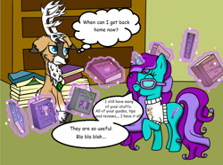 Size: 870x646 | Tagged: safe, artist:purpleloverpony, oc, oc only, oc:amethyst quill, oc:tyandaga, book, bookshelf, clothing, contest entry, dialogue, eyes closed, glasses, magic, non-pony oc, open mouth, raised hoof, sitting, speech bubble, sweater