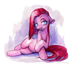 Size: 700x621 | Tagged: safe, artist:miszasta, character:pinkamena diane pie, character:pinkie pie, commission, female, lidded eyes, looking at you, simple background, smiling, solo, traditional art, white background, yandere, yandere pie
