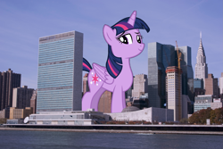 Size: 2689x1800 | Tagged: safe, artist:gamemasterluna, artist:logan859, character:twilight sparkle, character:twilight sparkle (alicorn), species:alicorn, species:pony, chrysler building, giant pony, highrise ponies, irl, macro, mega twilight sparkle, new york city, photo, ponies in real life, united nations