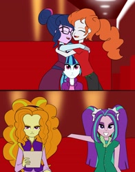 Size: 2425x3092 | Tagged: safe, artist:feroxultrus, character:adagio dazzle, character:aria blaze, character:sonata dusk, character:twilight sparkle, character:twilight sparkle (scitwi), oc, species:eqg human, equestria girls:friendship games, g4, my little pony: equestria girls, my little pony:equestria girls, fanfic, fanfic art, jealous, restaurant, story included