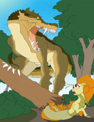 Size: 3864x5000 | Tagged: safe, artist:feroxultrus, character:adagio dazzle, species:bird, species:siren, absurd resolution, angry, chase, crocodile, escape, foal, forest, kaprosuchus, monster, tree