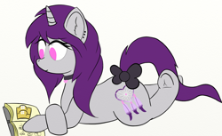 Size: 1112x680 | Tagged: safe, artist:leapingriver, oc, oc only, oc:wicked silly, species:pony, species:unicorn, book, bow, choker, crossed hooves, crossed legs, ear fluff, ear piercing, earring, female, frog (hoof), jewelry, lying down, no pupils, piercing, prone, reading, simple background, smiling, solo, tail bow, underhoof, white background