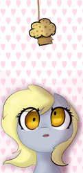 Size: 2900x6000 | Tagged: safe, artist:isorrayi, character:derpy hooves, species:pegasus, species:pony, abstract background, absurd resolution, bait, bust, drool, eyes on the prize, female, food, heart, heart background, muffin, open mouth, portrait, solo, string