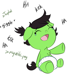 Size: 853x931 | Tagged: safe, artist:lazynore, oc, oc only, oc:filly anon, species:earth pony, species:pony, baby, baby pony, cropped, diaper, female, greentext, kek, laughing, simple background, solo, text, white background
