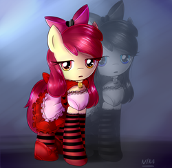 Size: 2548x2480 | Tagged: safe, artist:nika191319, character:apple bloom, clothing, costume, crossover, digital art, dress, female, gothic lolita, socks, solo, striped socks, zoom layer