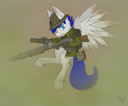 Size: 4260x3524 | Tagged: safe, artist:php122, oc, oc only, oc:wingedthoughts, absurd resolution, battlefield, battlefield 1, cheek fluff, clothing, colored pupils, ear fluff, fluffy, grabby boi, italian, lewis, lewis gun, solo, wing fluff, yelling