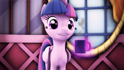 Size: 3840x2160 | Tagged: safe, artist:melodycloud14, character:twilight sparkle, character:twilight sparkle (alicorn), species:alicorn, species:pony, 3d, coffee, cup, female, looking at you, magic, smiling, smiling at you, solo, source filmmaker, steam
