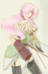 Size: 1100x1700 | Tagged: safe, artist:banzatou, character:fluttershy, species:human, archer, arrow, blushing, clothing, female, humanized, socks, solo, thigh highs