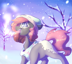Size: 1024x916 | Tagged: safe, artist:snowolive, oc, oc only, species:earth pony, species:pony, clothing, female, hat, mare, scarf, snow, solo