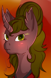Size: 1169x1777 | Tagged: safe, artist:epicenehs, oc, oc only, species:pony, species:unicorn, blushing, bust, curved horn, female, frown, solo