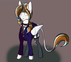 Size: 2001x1725 | Tagged: safe, artist:epicenehs, oc, oc only, oc:apalis, species:pegasus, species:pony, bell, bell collar, choker, clothing, collar, female, girdle, hoodie, simple background, socks, solo, torn socks, unamused