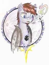 Size: 814x1080 | Tagged: safe, artist:evescintilla, oc, oc only, oc:shadow sky, species:bat pony, species:pony, beard, ear piercing, earring, facial hair, fangs, hurt (song), jewelry, johnny cash, male, moon, nine inch nails, piercing, smoking, solo, song reference, stallion, traditional art