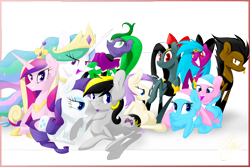 Size: 3000x2000 | Tagged: safe, artist:atomic8497, character:aloe, character:lotus blossom, character:mane-iac, character:princess cadance, character:princess celestia, character:rarity, character:vera, oc, oc:keira, oc:mint wing, oc:onyx, oc:sly, species:earth pony, species:pegasus, species:pony, bow, female, hair bow, high res, male, mare, prone, stallion