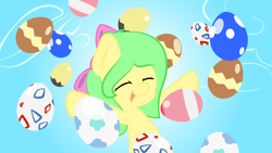 Size: 1920x1080 | Tagged: safe, artist:mintysketch, oc, oc only, oc:minty sketch, apple rain, bow, crossover, easter, easter egg, pokémon, simple background, vector
