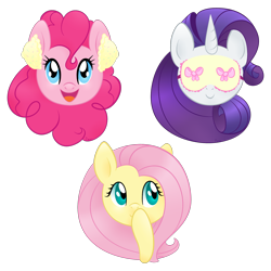 Size: 2000x2000 | Tagged: safe, artist:orcakisses, character:fluttershy, character:pinkie pie, character:rarity, species:earth pony, species:pegasus, species:pony, species:unicorn, covering mouth, ear plugs, hear no evil, see no evil, simple background, sleep mask, speak no evil, three wise monkeys, transparent background