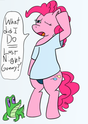Size: 754x1059 | Tagged: safe, artist:leapingriver, artist:letterbomb, derpibooru original, character:gummy, character:pinkie pie, adorasexy, bipedal, blue background, clothing, cute, dialogue, ear fluff, female, gummy doesn't give a fuck, hangover, head rub, headache, lidded eyes, one eye closed, open mouth, oversized clothes, oversized shirt, panties, plump, sexy, shirt, simple background, sleepy, sleepy pie, solo, speech bubble, standing, thick, underwear, wide hips