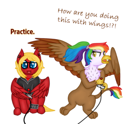 Size: 500x500 | Tagged: safe, artist:timid tracks, oc, oc only, oc:katie jay ewing, oc:rainbow feather, parent:gilda, parent:rainbow dash, parents:gildash, species:griffon, clothing, controller, dialogue, interspecies offspring, jacket, joystick, magical lesbian spawn, offspring, piercing, video game, wings
