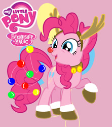Size: 992x1123 | Tagged: safe, artist:flizzick, artist:kumikoponylk, character:pinkie pie, animal costume, christmas, clothing, costume, female, pink background, reindeer costume, simple background, solo