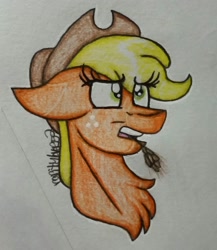 Size: 1852x2137 | Tagged: safe, artist:raritylover152, character:applejack, species:pony, chest fluff, clothing, cowboy hat, female, hat, open mouth, signature, simple background, solo, stetson, traditional art